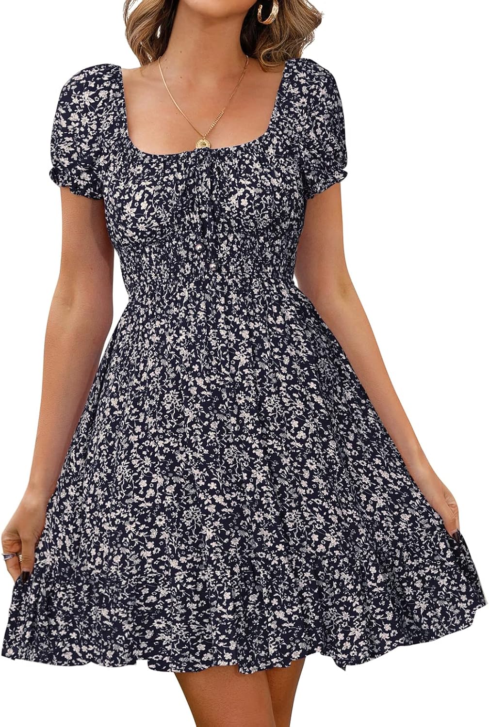 Womens Summer Casual Sweetheart Neckline Puff Sleeve Floral Print High Waist Dress Boho Beach Mini Short Dresses