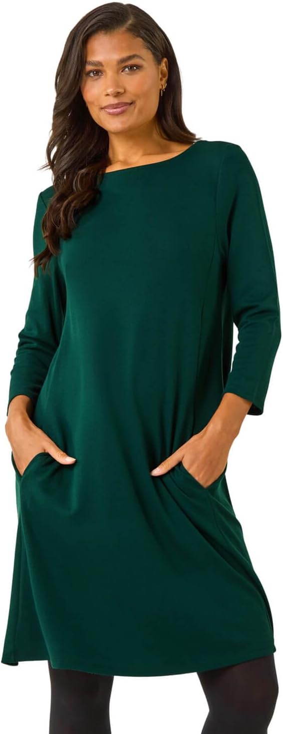 Roman Originals Tunic Dress with Pockets for Women UK Ladies Swing Fit & Flare Skater Slouch Stretchy Casual Smart Winter Jersey Pull On Work Office 3/4 Long Sleeves