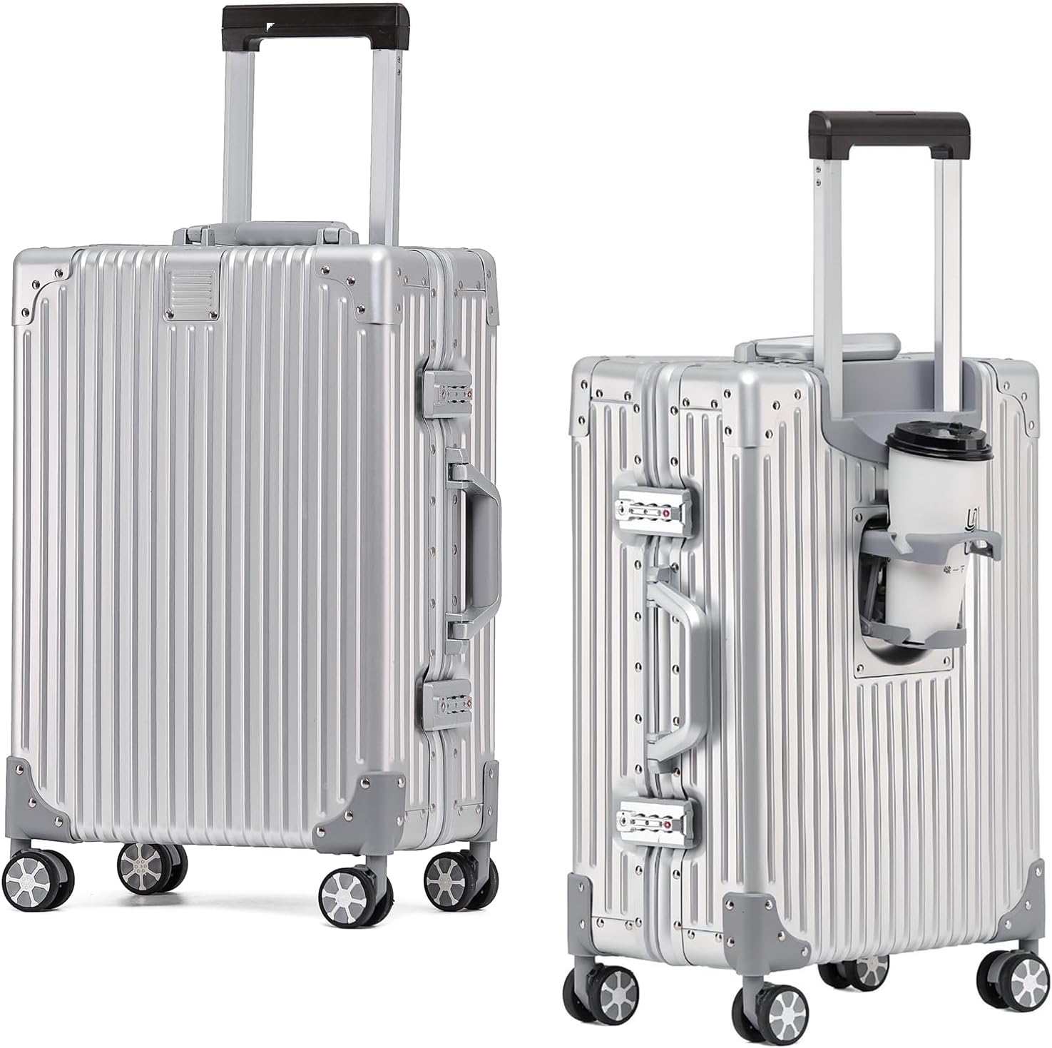1pc 22 Inch Luggage with Cup Holder, 100% All Aluminum Suitcase, Zipperless Aluminum Luggage with TSA Locks, Cup Holder(Silver,Checked in 22-Inch)