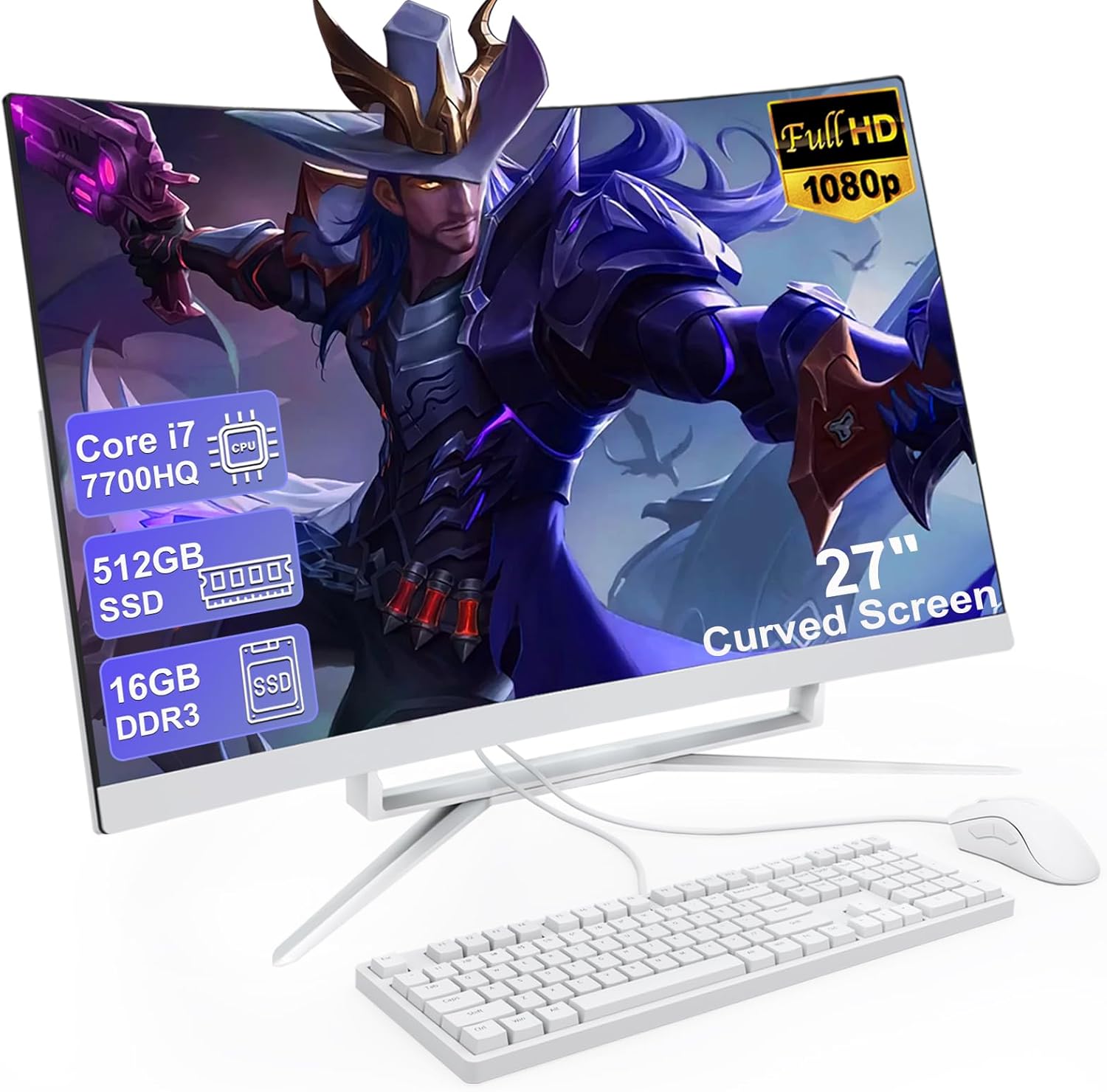 27 inch All-in-One Computer Curved FHD Display, All-in-One PC 16GB RAM 512GB ROM SSD Core i7 7700HQ Dual-Band WiFi Bluetooth5.0 with Mouse and Wired Keyboard