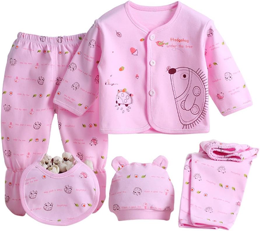 5PCS Newborn Baby Boys Girl’s Cotton Grow Top Hat Pants PlaySuit Sets Outfit