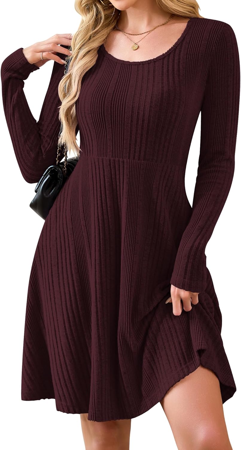 AUSELILY Long Sleeve Winter Dresses Women UK Knitted Crew Neck Jumper Dress with Pockets