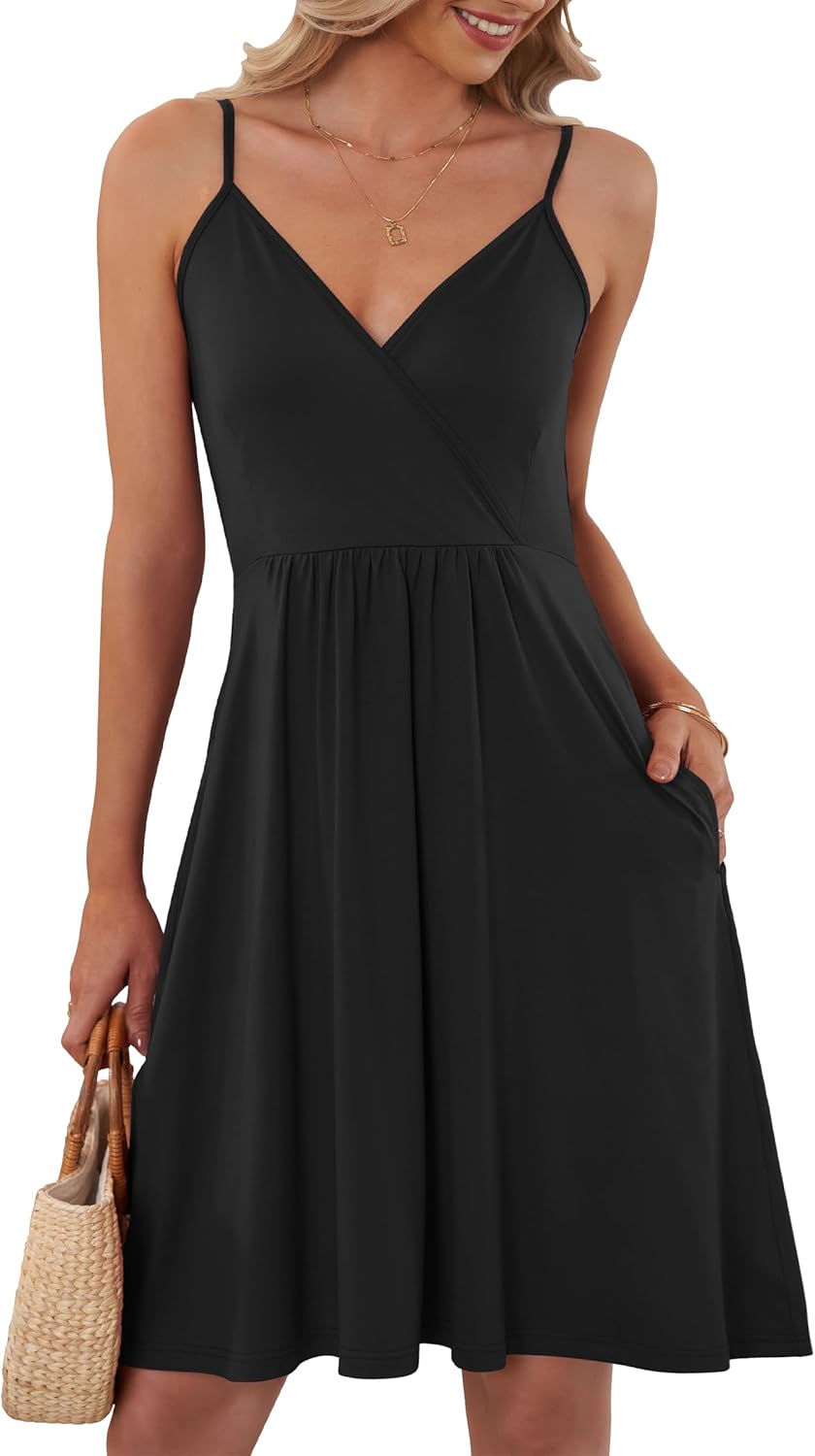 AUSELILY Summer Dress for Women UK V Neck Spaghetti Strap Casual Dress Beach with Pockets