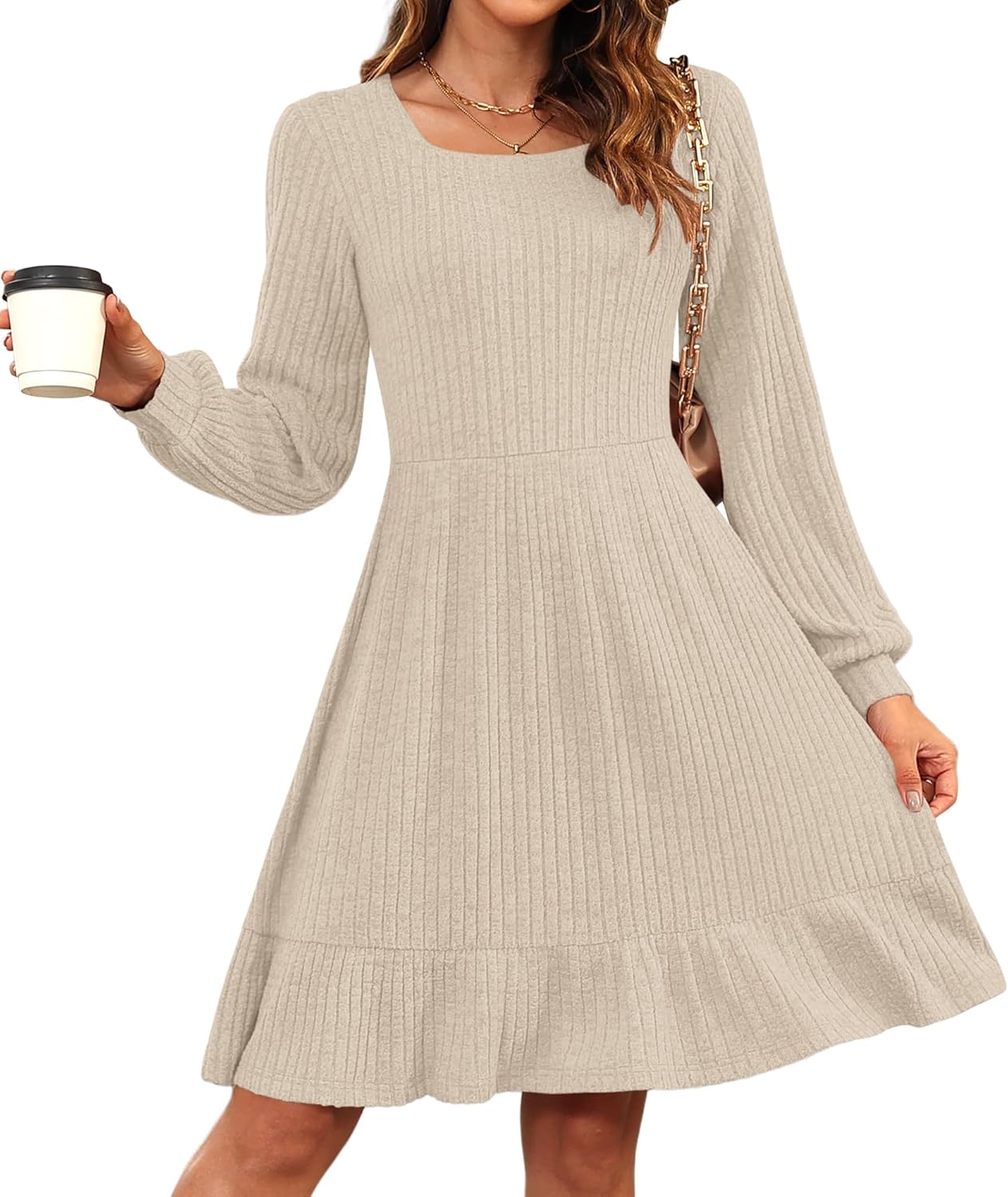 AUSELILY Winter Jumper Dress for Women UK Knitted Elegant Dress Autumn Long Sleeve Sweater High Waist Dresses