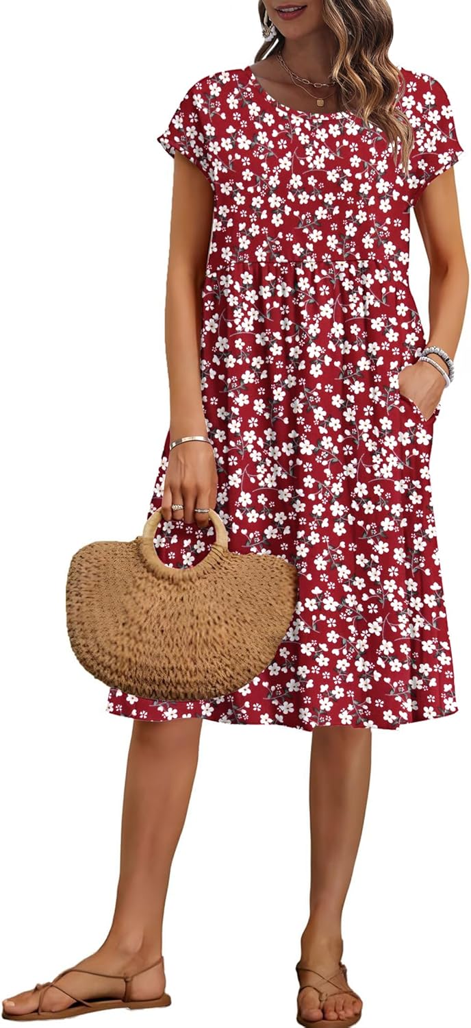 AUSELILY Women’s Summer Short Sleeve Knee-Length Dresses Round Neck Loose Dress with Pockets