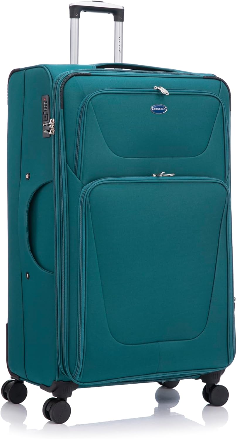 Aerostar Extra Large 32” Lightweight Softshell Expandable Suitcase, Integrated Combination Lock, 4 Wheels Check in Luggage for 30kg (Forest Green, 162 litres)