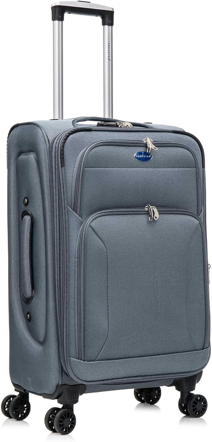 Aerostar Medium 26” Lightweight Softshell Expandable Suitcase, Integrated Combination Lock, 4 Wheels Check in Luggage for 15 to 20kg (Grey, 77 litres)