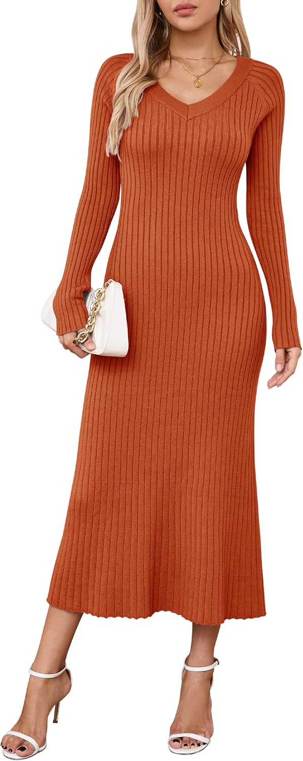 Arach&Cloz Jumper Dress for Women UK Winter Knitted Dresses Bodycon Fishtail V Neck Long Dresses Maxi Sweater