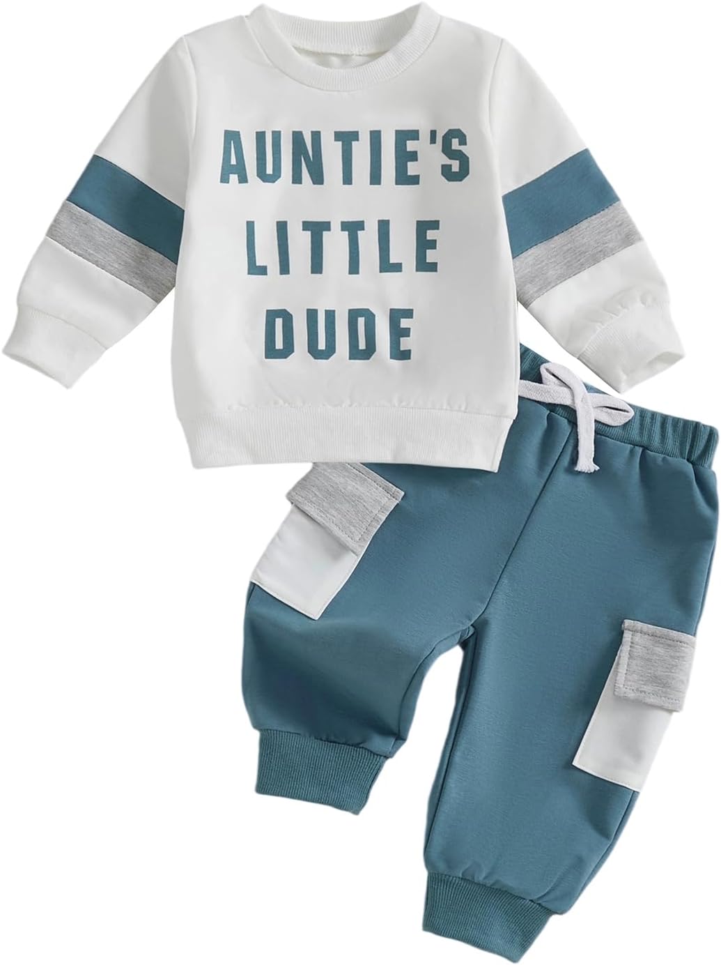 Aunties Little Dude Baby Boy Fall Outfits Contrast Color Letter Print Lond Sleeve Pullover Pockets Long Pants Set 2pcs Sweatsuit Spring Clothes