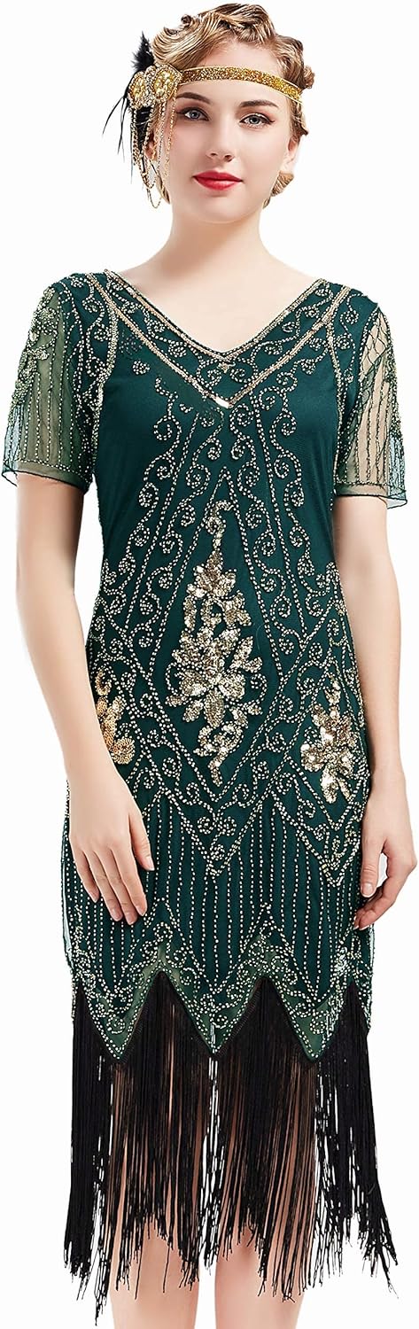 BABEYOND 1920s Flapper Fringed Sequin Dress Roaring 20s Fancy Dress Gatsby Costume V Neck Vintage Beaded Evening