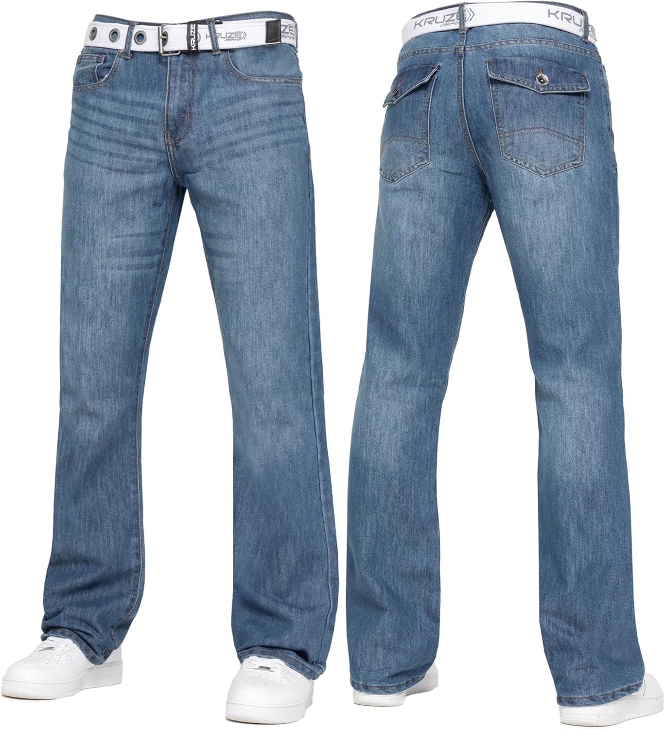 BRAND KRUZE Mens Bootcut Jeans Casual Flared Wide Leg Free Belt Stylish Fashion Denim Trouser Pants