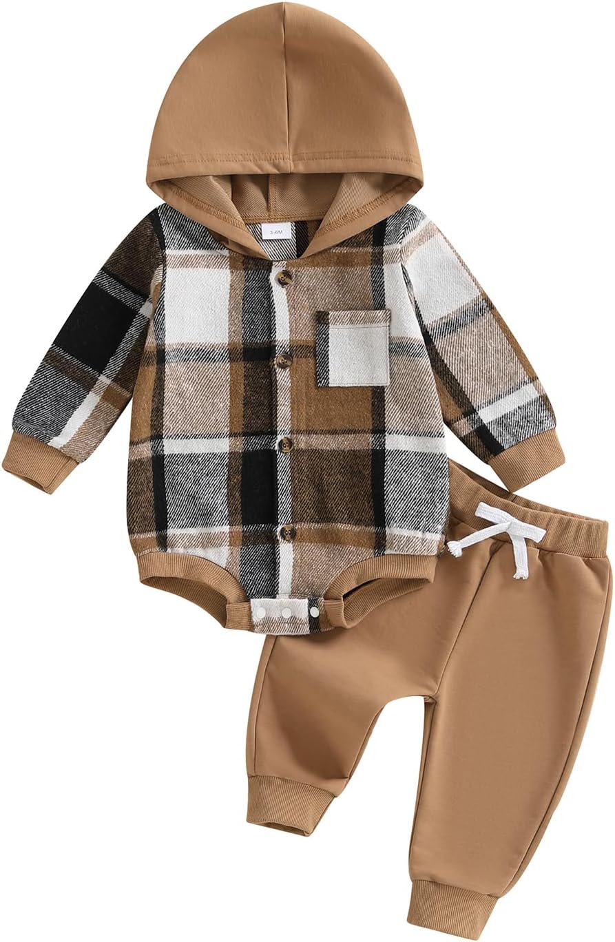 Baby Boy Clothes Set Newborn Long Sleeve Plaid Hoodie Sweatshirt Romper Flannel Top and Jogger Pant 2 Pcs Outfits Fall Winter Clothes