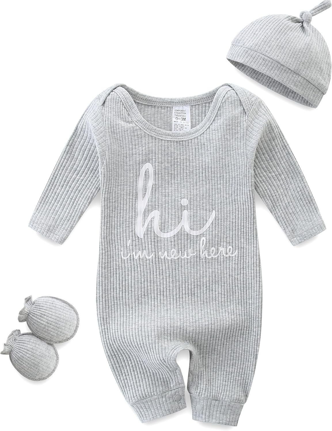 Baby Boy Girl Clothes, Baby Grows 0-3 Months, Newborn Grows Long Sleeve Romper, 3Pcs Clothing Set, Unisex Outfits Newborn Clothes Onesie Jumpsuit Hat and Gloves