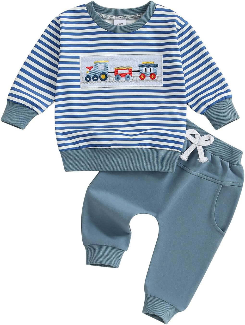 Baby Boys Fall Clothes Long Sleeve Tractor Embroidery Striped Sweatshirt Jogger Pants Set Toddler Two Piece Outfits Infant Winter Tracksuit