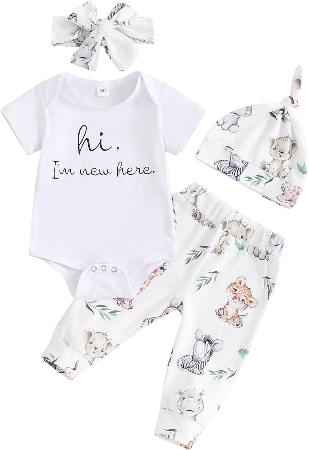 Baby Girls Boys Coming Home Outfits Lettered Short Sleeve Romper Top Animal Print Long Pants Hat Headband Set Newborn Clothes