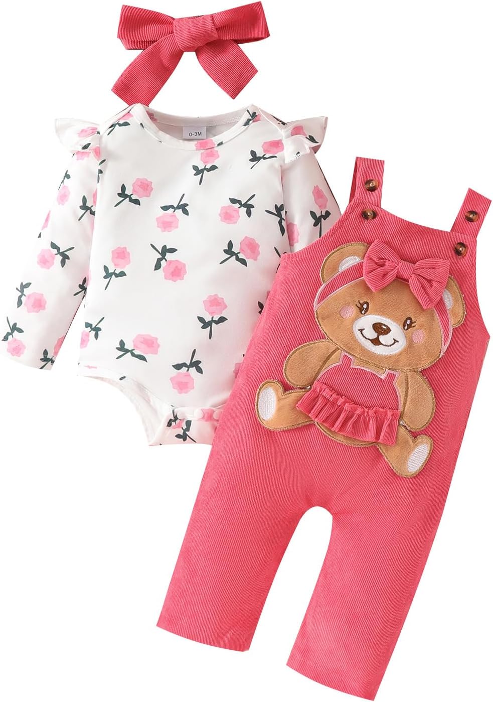 Baby Girls Clothes Floral Tops Bodysuit Bear Dungarees Adjustable Overalls Outfits Set