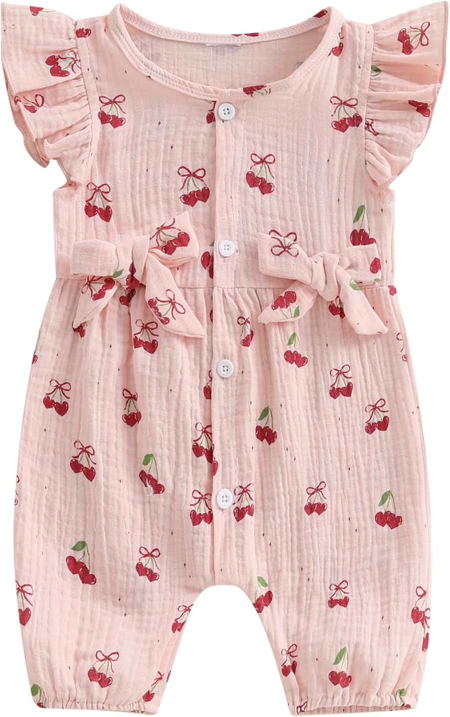 Baby Girls Rompers Cherry Print Round Neck Flying Sleeve Bow Decor Button Down Bodysuits Infant Outfit Newborn Summer Clothes Linen Jumpsuit