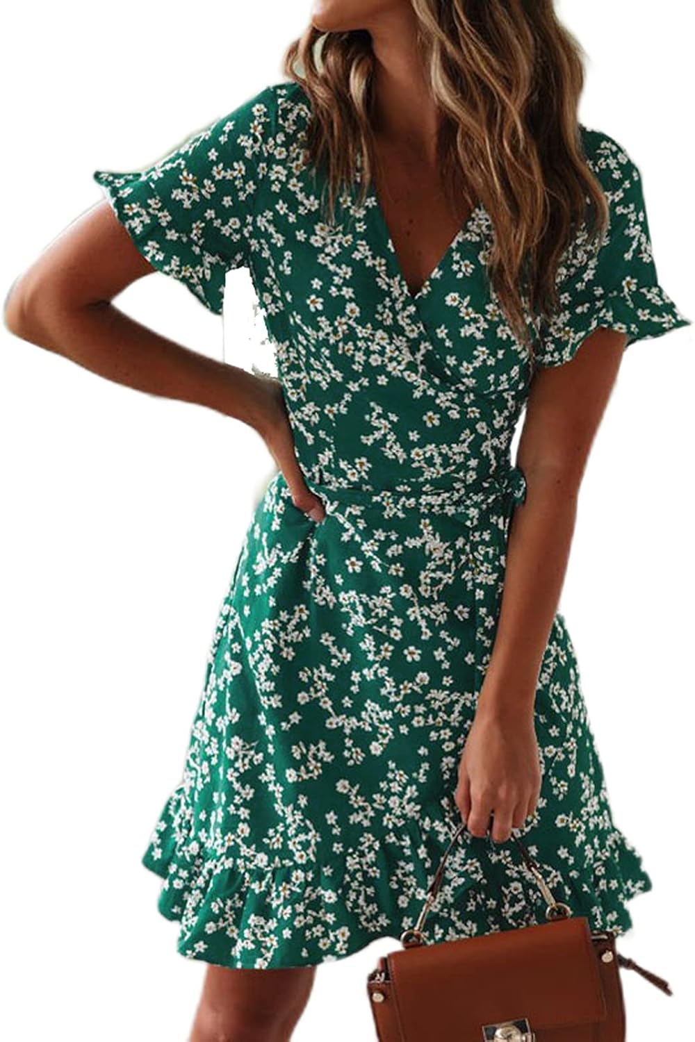 Beach Wrap Dress Women Chiffon V Neck Flower Print Short Sleeves