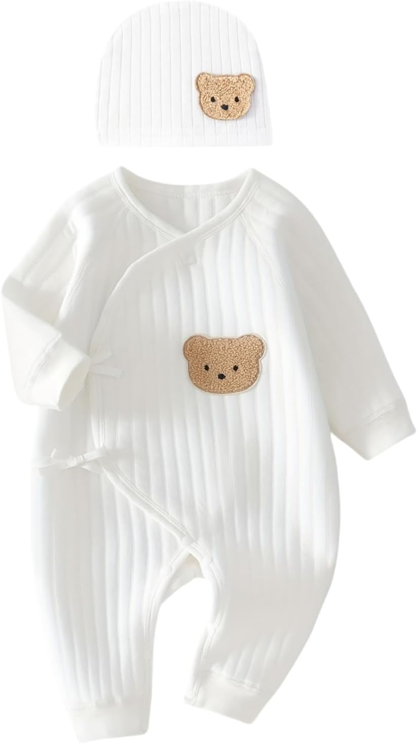 Boys Girls Bodysuit Newborn Infant’s Warm Cotton Bodysuit with Hat,100% Cotton Toddler Home Wear Thickened Spring and Autumn Clothing