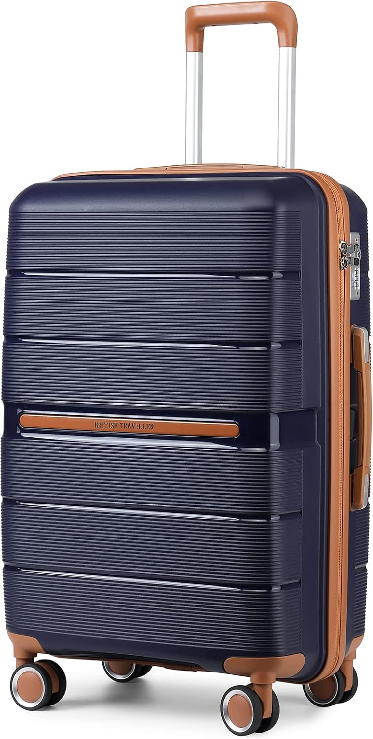 British Traveller Suitcase Check in Hold Luggage Lightweight PP Hard Shell Travel Trolley Suitcase with 4 Spinner Wheels TSA Lock (Navy, 76cm 92L)