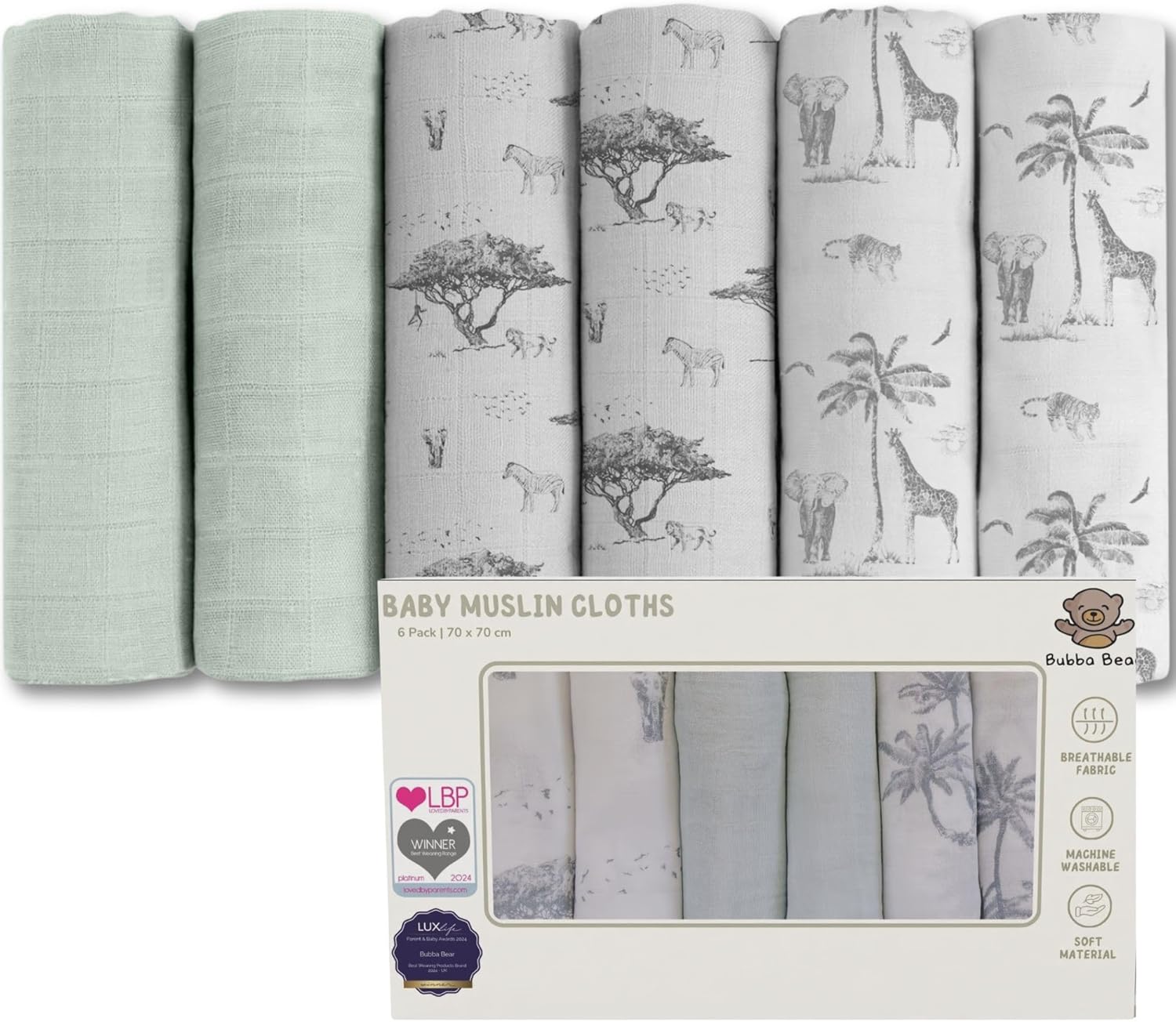 Bubba Bear Muslin Cloths for Baby, 6 Pack of Bamboo & Organic Cotton Muslins Squares 70x70cm, Large Burp Cloth for Babies, Cute Newborn Essentials for Baby Boy & Girl (Safari)