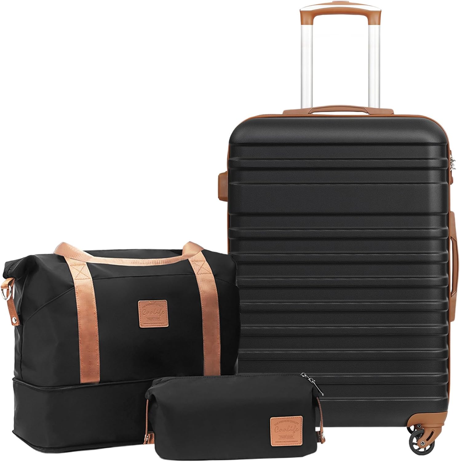 COOLIFE Suitcase Set 3 PCS – 24″ Hard Shell Lightweight ABS Luggage + Travel Bag & Toiletry Bag, Medium Suitcase with TSA Lock, 360° Wheels for Travel, Airline & Cruise, Business Trip Black/Brown
