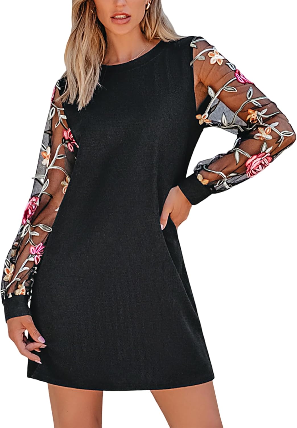 CUPSHE Mini Dresses for Women Round Neck Sheer Long Sleeve Floral Knit A Line Fall Casual Dress