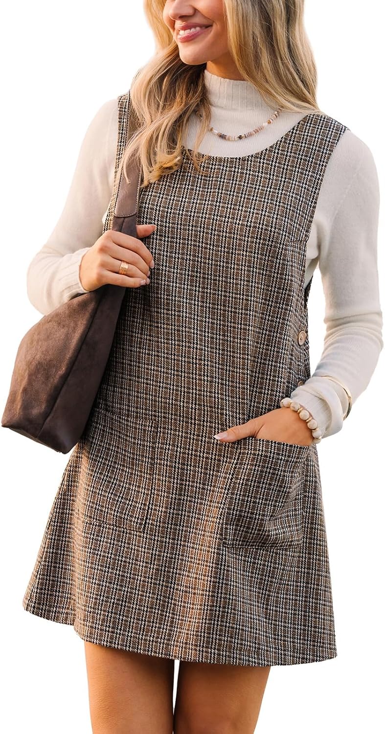 CUPSHE Women’s Fall Dresses Houndstooth Pinafore Dress Side Buttons Crewneck Plaid Overall Mini Dress with Pockets