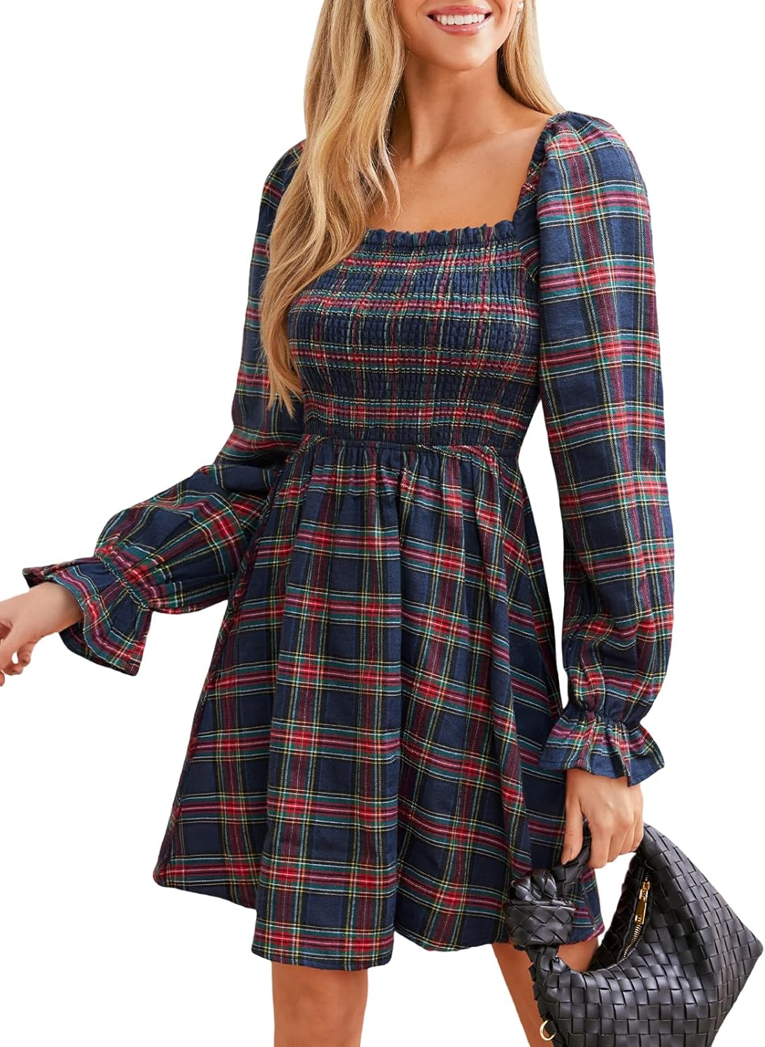 CUPSHE Women’s Mini Dress Plaid Square Neck Long Puff Sleeve Smocked Ruffle A Line Fall Casual Dresses