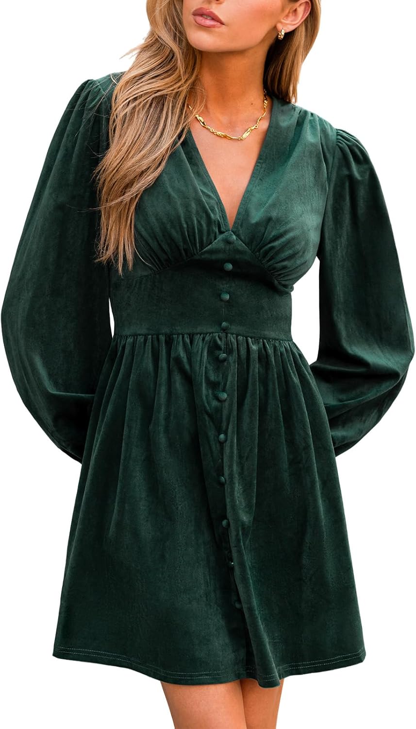 CUPSHE Women’s Mini Party Dresses V Neck Button Long Sleeve Smocked Tunic Waist Casual Short Flowy Fall Cocktail Dress