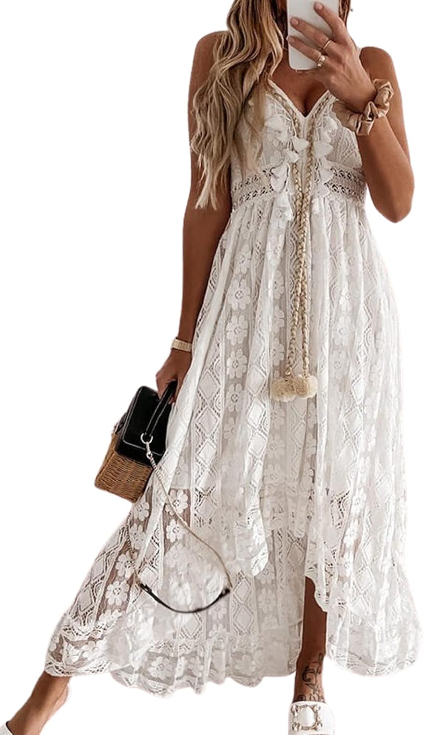 CUPSHE Women’s Summer Slip Boho Maxi Dress Lace Up Tassel V-Neck Flare Ruffle Beach Dresses