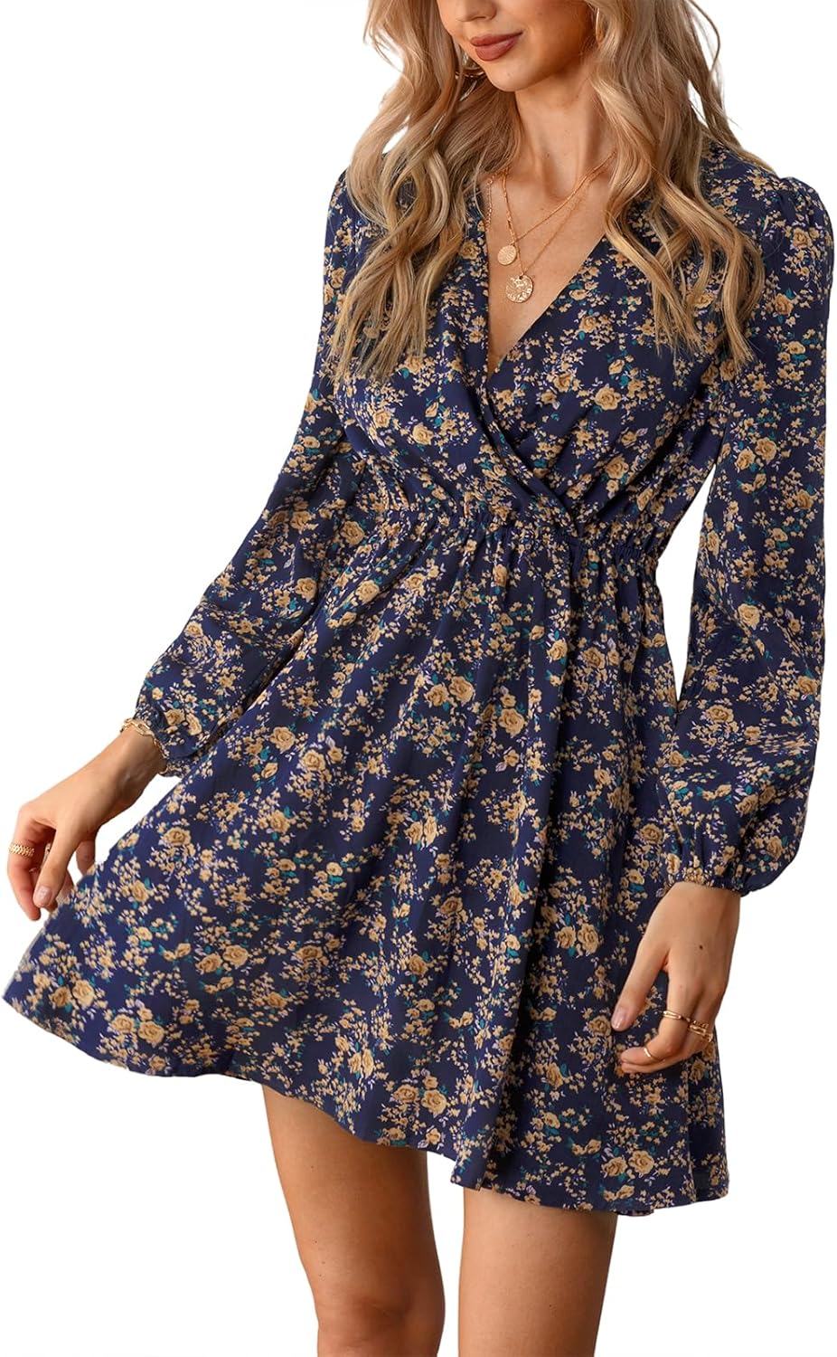 CUPSHE Women’s V Wrap Dress Neck Ditsy Floral Mini Dress Long Sleeve A Line Dress Surplice Short Dress