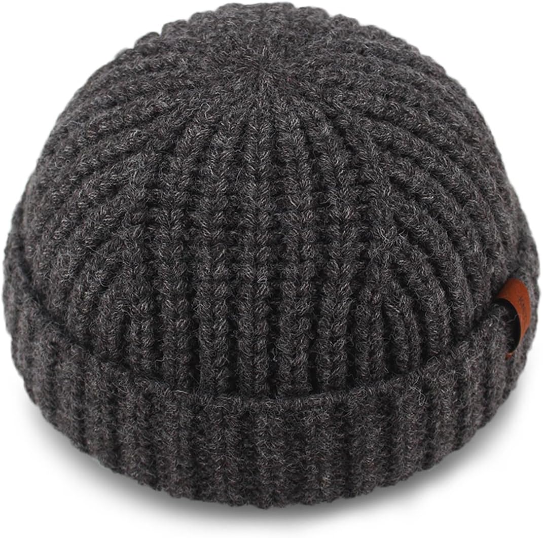 Chunky Wool Fisherman Short Beanie Hats Skull Cap for Men, Mens Thick Skater Streetwear Fishermans Beanie Warm Winter Knit Daily Hat