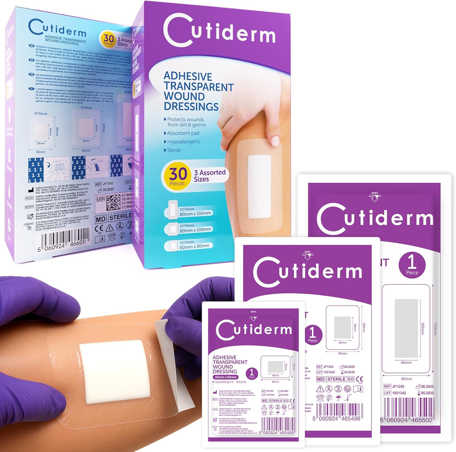 Cutiderm Large Adhesive Transparent Waterproof Wound Dressings Assorted Sizes – Pack of 30 Dressings, Plasters