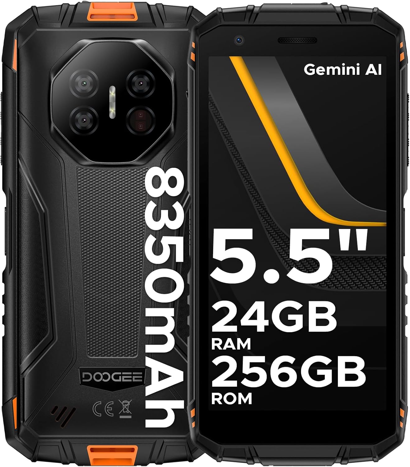 DOOGEE Fire 3 Ultra Rugged Smartphone, 8350mAh, Android 15 Rugged Phone With Gemini AI, 5.5″ HD+, Octa Core, 24GB+256GB Mobile Phone, 20MP Night Vision Camera, Fingerprint Unlocked, NFC, IP68/IP69K