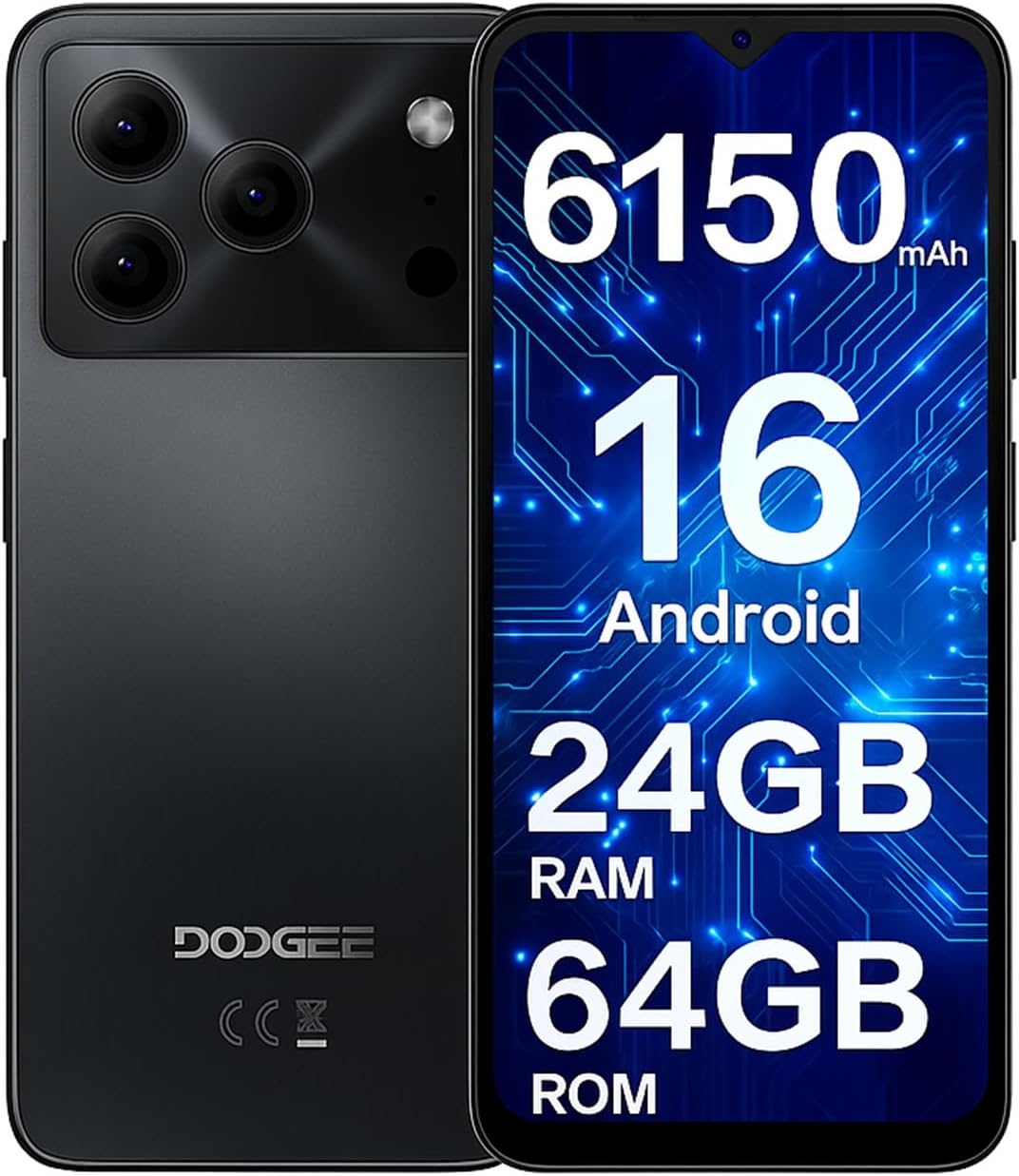 DOOGEE Note 56 SIM-Free & Unlocked Mobile Phones 2026 – Android 16, 6150mAh Battery Phone, 6.56″ 90Hz Display Smartphone, 24GB+64GB/2TB, 3.5mm Headphone Jack, 4G Dual Sim/Face Unlock/GPS/5G WiFi-Black
