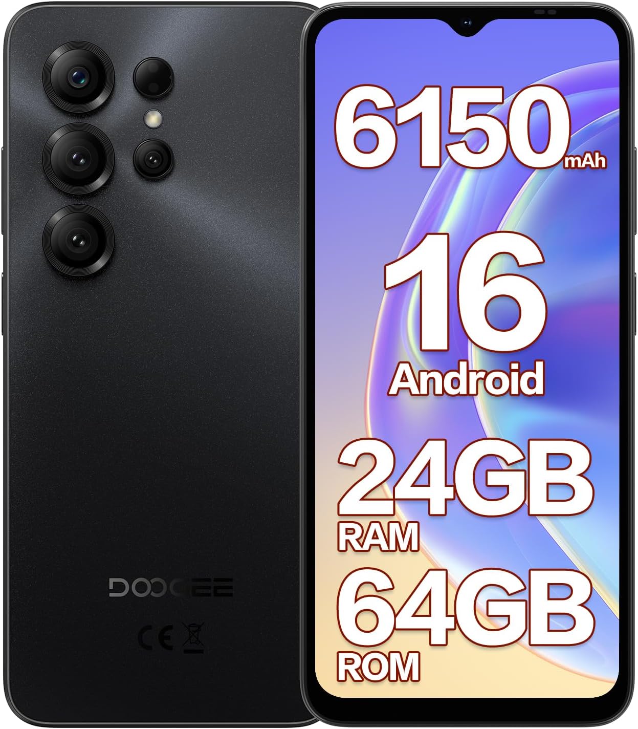 DOOGEE Note 56X SIM-Free & Unlocked Mobile Phones 2026 – Android 16, 6150mAh Battery Phone, 6.56″ 90Hz Display Smartphone, 24GB+64GB/2TB, 3.5mm Headphone Jack, 4G Dual Sim/Face Unlock/GPS/5G WiFi