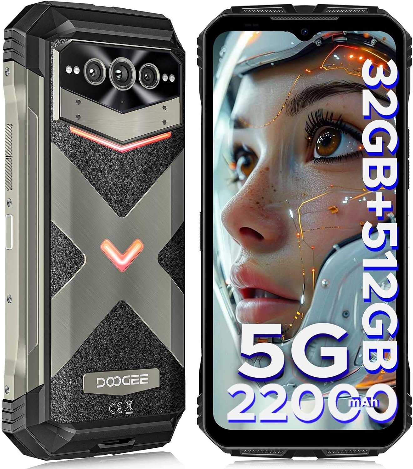 DOOGEE V MAX Pro Rugged Smartphone 5G, 22000mAh/33W, 512GB/TF 2TB Rugged Phone, 6.58” 120Hz FHD+, 108MP+20MP Night Vision, 5G Dual SIM Waterproof Phone, Face/Fingerprint Unlock/NFC, Gray