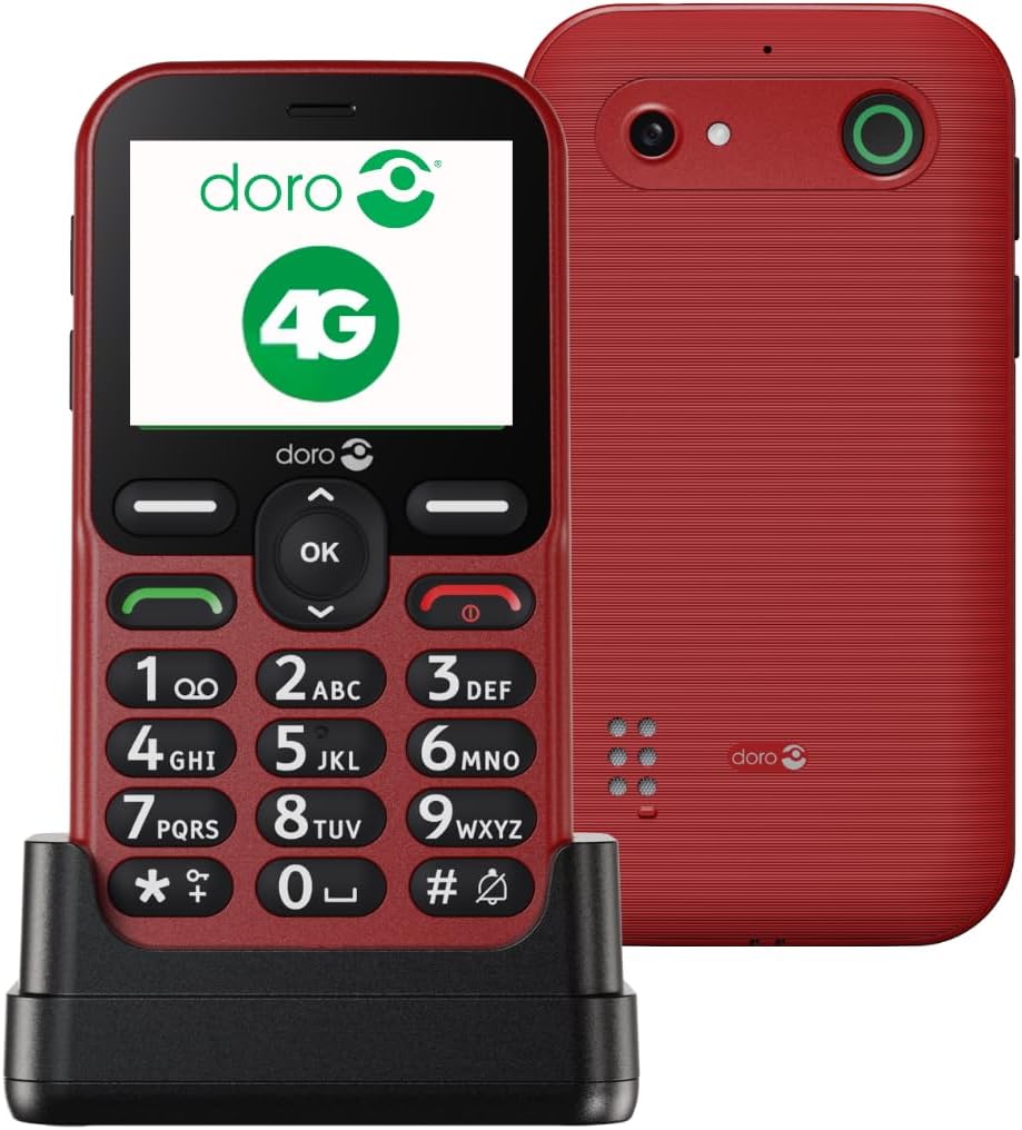 DORO Phone – Doro Leva E10 – 4G Mobile Phone For Elderly – 2.4″ Landscape Display, High Contrast Keys, Extra Loud & Clear Sound, HD Voice, Camera, Doro Secure Button – Charging Cradle – Red
