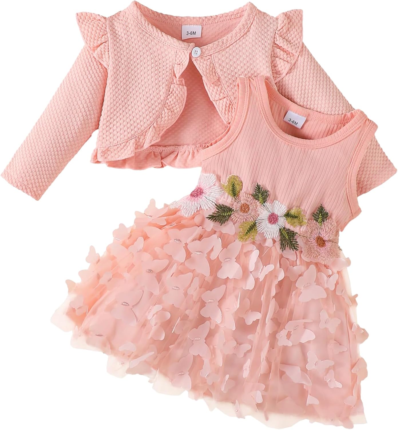 DivingBirds Baby Girls Dress and Cardigan 2pcs Set Floral Print Butterfly Tulle Dresses Toddler Long Sleeve Waffle Coat Clothes for Girl 3 Months-3 Years