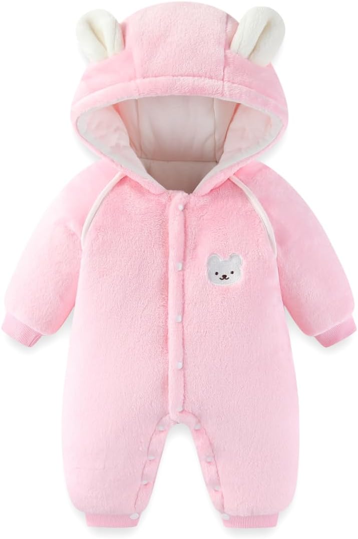 DivingBirds Baby Snowsuit Hooded Romper, Bear Fleece Jumpsuit Newborn Warm Winter Outfits Bodysuits 0-12 Months