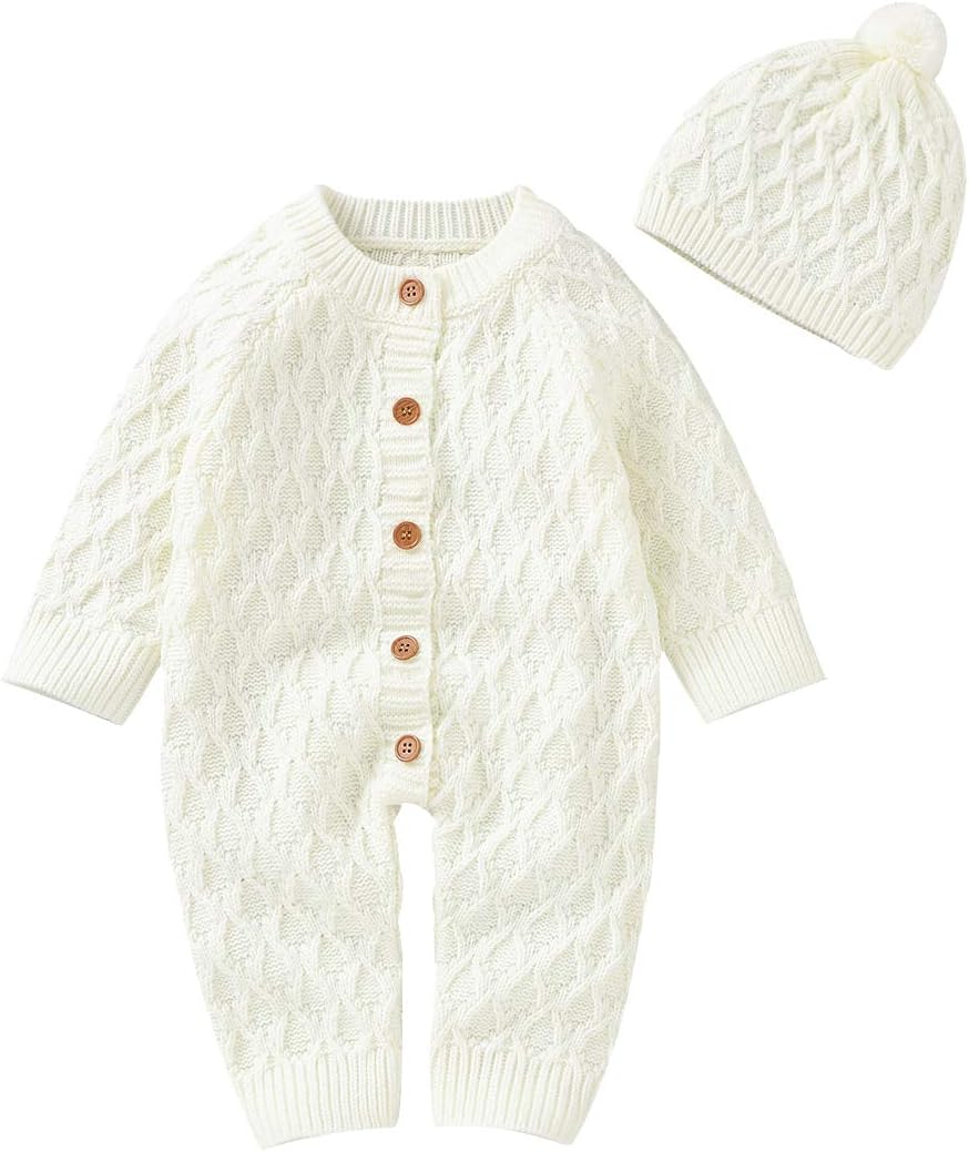DovFanny Baby Boys Girls Romper Suit Lovely Solid Color Knit Jumpsuit Cute Casual Long Sleeve Winter Warm Outfit Clothes with Hat for Newborn Baby