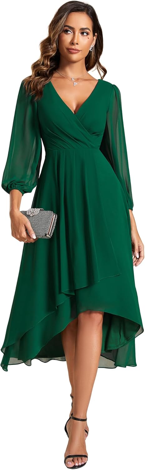 Ever-Pretty Women’s Chiffon V Neck 3/4 Sleeves Pleated A-Line Midi Length Wedding Guest Dress 01926