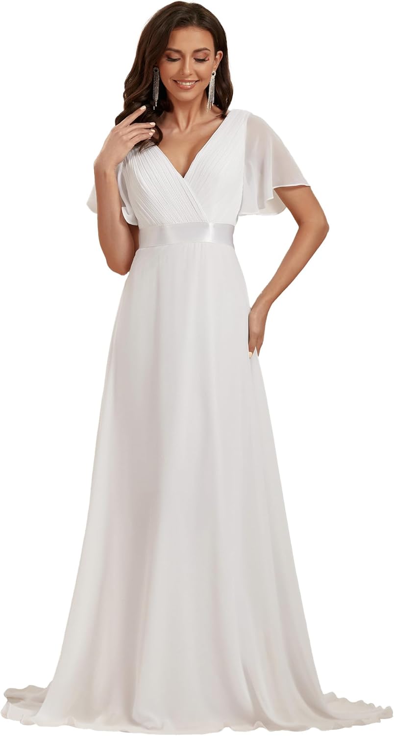Ever-Pretty Women’s Double V-Neck Short Flutter Sleeves Empire Waist Elegant Chiffon Long Evening Dresses 9890