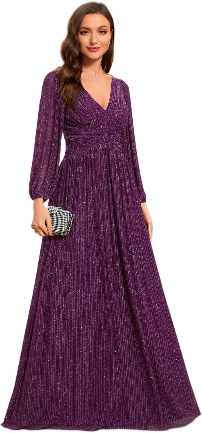 Ever-Pretty Women’s Glitter A Line V Neck Pleated Long Sleeve Evening Dress 01961