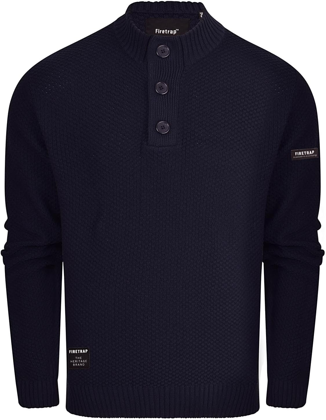 Firetrap Mens 3 Button Funnel Neck Jumper Pullover Winter Sweaters Cotton Blend Jumpers Quarter Half Button Men Top Jumoers Designer Smart Top Knitted Knitwear Sweatshirt Jumpers for Men