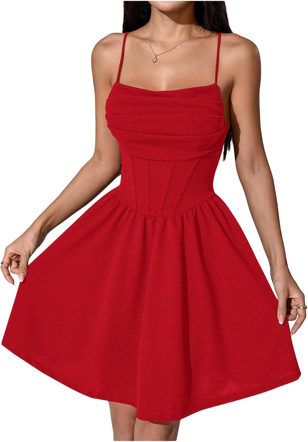 GORGLITTER Women’s A Line Flowy Ruffle Mini Cocktail Dress Ruched Sleeveless Corset Dresses