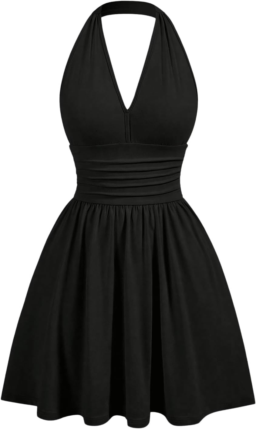GORGLITTER Women’s Flared Flowy Ruched Halter Mini Dresses Ruffle Backless Going Out Mini Swing Dress