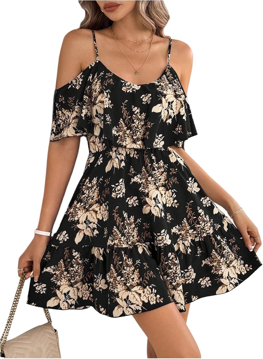 GORGLITTER Women’s Floral A Line Flared Flowy Ruffle Dress Cold Shoulder Short Sleeve Mini Sundresses