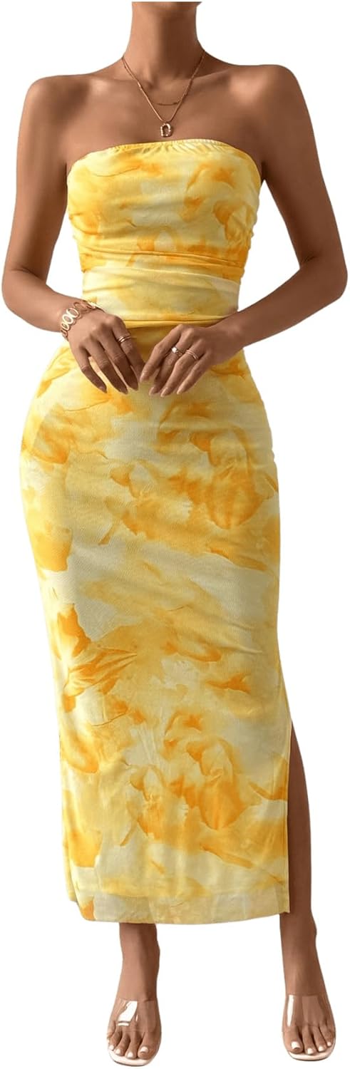 GORGLITTER Women’s Strapless Floral Fishtail Hem Tube Dress Ruched Split Bodycon Maxi Dresses